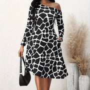Ladies' Fashionable and Elegant Printed off Shoulder Zebra Print A-Line Dress